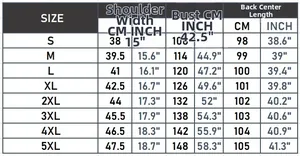 Size chart for women hooded vest showing measurements from S to 5XL in cm and inches