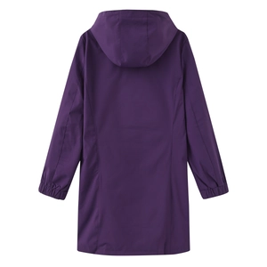 Back view of a deep purple water-resistant hooded windbreaker with elastic cuffs