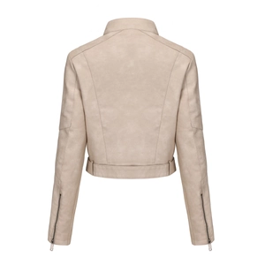 Rückansicht der beigen Kunstleder-Bikerjacke mit Stehkragen und Reißverschlüssen am Ärmel
