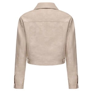 Rear view of a light beige faux suede jacket with stitched panels and hem adjusters