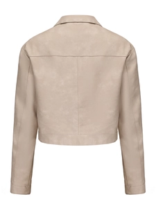 Rear view of women's beige faux leather jacket featuring clean seams and turn-down collar