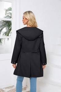 Rear view of black hooded waterproof trench coat with adjustable waist belt detail