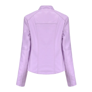 Rear view of lavender purple PU leather biker jacket showing detailed ribbed quilting
