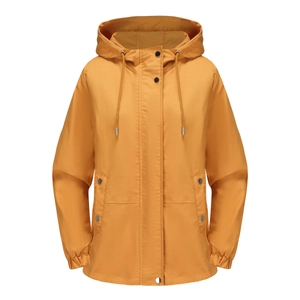 Detailed view of ginger yellow windbreaker featuring hooded drawstring and flap pockets
