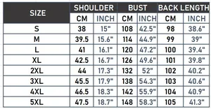 Detailed size chart for women's hooded long vest including shoulder and bust measurements