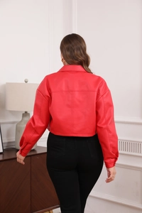 Back view of a red short faux leather jacket with T-seam detail and turn-down collar