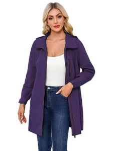 Close-up of a deep purple hooded windbreaker with front zipper and functional pockets