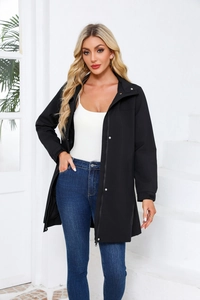 Women's black long hooded windbreaker featuring a zipper closure and adjustable cuffs
