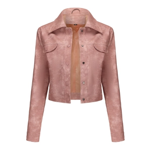 Detail of pink faux suede jacket with collar, buttons and utility pockets on chest