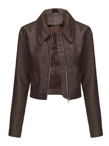 Detailed view of dark brown PU leather jacket featuring lapels and metallic zipper