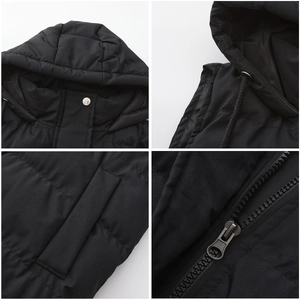 Detailed close-up showing hood drawstring, metal zipper, and pocket on black quilted vest