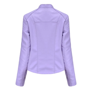 Rear view of lavender faux leather biker jacket with quilted shoulder detail and slim cut