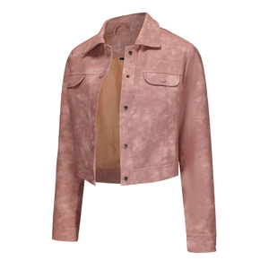 Detail of pink faux suede cropped jacket featuring flap pockets and button closure