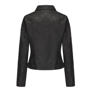 Back view of a sleek black faux leather motorcycle jacket with clean stitching and slim fit