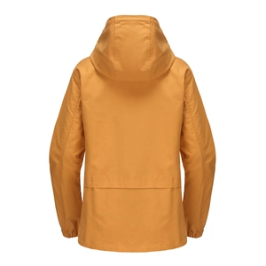 Detail view of mustard yellow hooded jacket back featuring windproof fabric and drawstring