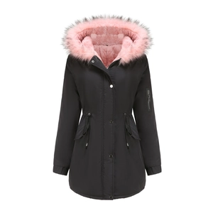 Women's black parka jacket with pink faux fur hood and warm fleece lining