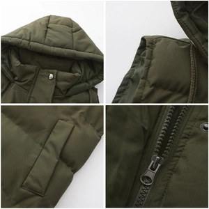 Detail of army green hooded vest featuring metal zipper and drawstring adjustment