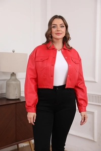 Close-up of red PU leather jacket with lapel collar and metal buttons for plus size women