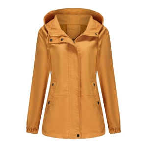 Detail of yellow hooded windbreaker with drawstring hood and secure zip-button closure