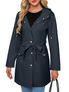 Navy blue hooded waterproof trench coat with adjustable waist belt and silver buttons