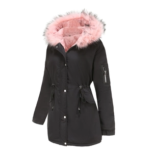 Women's black mid-length parka coat with pink faux fur lining and drawstring waist