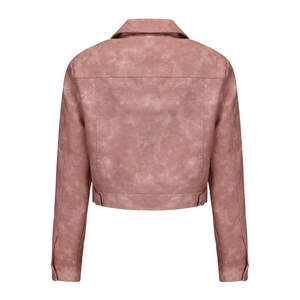 Rear view of dusty pink faux suede cropped jacket with adjustable hem buckles for women