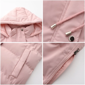 Detail view of pink hooded vest showing metal drawstring tips, snaps and smooth resin zipper