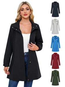 Trench-coat Décontracté pour Femmes Résistant à l'Eau Avec Capuche Amovible Couleur Unie Manches Longues Coupe-vent Veste