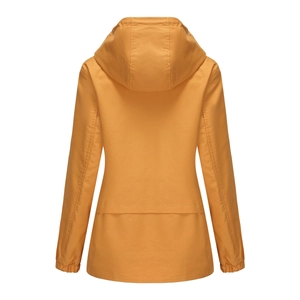 Back view of a ginger yellow hooded windbreaker featuring elastic cuffs and slim fit cut