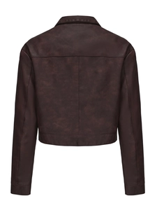 Back view of dark brown faux leather jacket showing stitching details and a slim fit cut