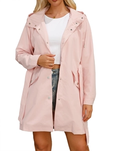 Light pink waterproof hooded windbreaker jacket with waist belt for casual spring wear