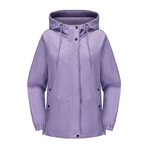 Detail of light purple hooded windbreaker showing snap buttons and elastic cuffs