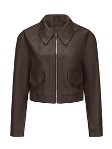 Detailed view of dark brown PU leather jacket with lapel collar and silver zipper