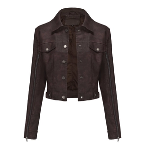 Detail of dark brown faux leather moto jacket with long sleeve zippers and collar tag