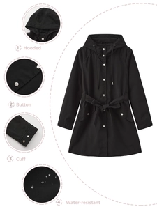 Women's black hooded water-resistant trench coat with adjustable waist belt and cuffs