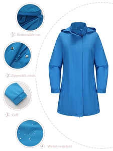 Veste femme bleu vif imperméable avec capuche amovible et design de couleur unie