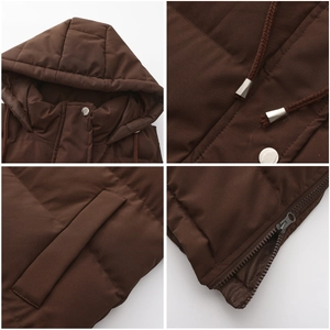 Detail of long brown hooded vest with metal snaps and adjustable drawstrings