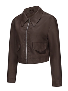 Detail view of dark brown leather jacket featuring turn-down collar and large flap pockets