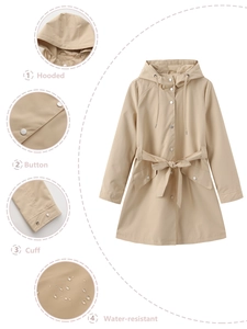 Women's hooded water-resistant khaki trench coat with adjustable belt and metal buttons