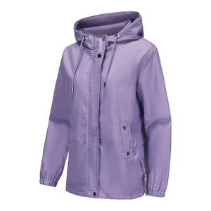 Detail view of lavender hooded windbreaker featuring adjustable drawstrings and large cargo pockets