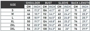 Detailed size chart for women's hooded windbreaker including bust and sleeve measurements