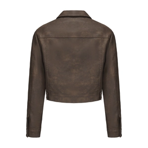 Back view of a vintage dark brown faux leather jacket with detailed stitching and cropped fit