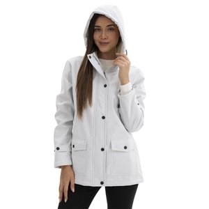 Close-up of white hooded windbreaker featuring large flap pockets and black contrast buttons
