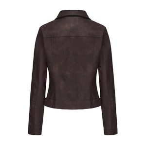 Back view of a cropped chocolate brown faux leather biker jacket with premium stitching