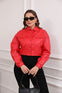 Front detail of women's bright red faux leather short jacket with flap pockets