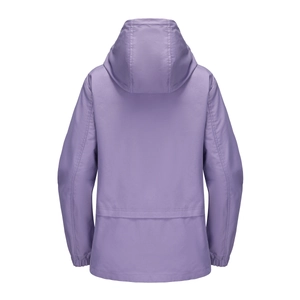 Back view of a purple hooded windbreaker showing breathable layered back design detail