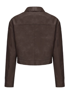 Rear view of dark brown faux leather jacket featuring professional stitching details