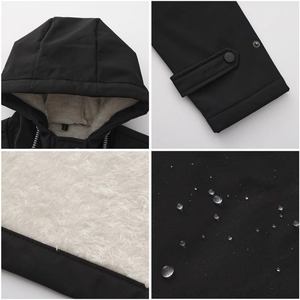 Waterproof black hooded jacket with warm grey fleece lining and adjustable cuffs detail