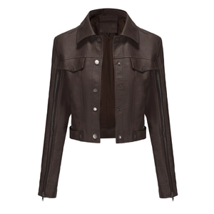 Detail of dark brown faux leather biker jacket with silver buttons and sleeve zippers