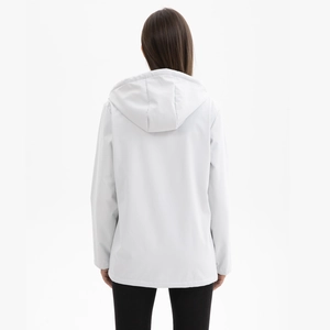 Rear view of white hooded windbreaker in waterproof fabric for outdoor activities